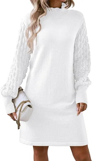 Pink Queen Women's Long Sleeve Sweater Mini Dress Casual Loose Mock Neck Empire Waist Cocktail Party Knit Short Dresses
