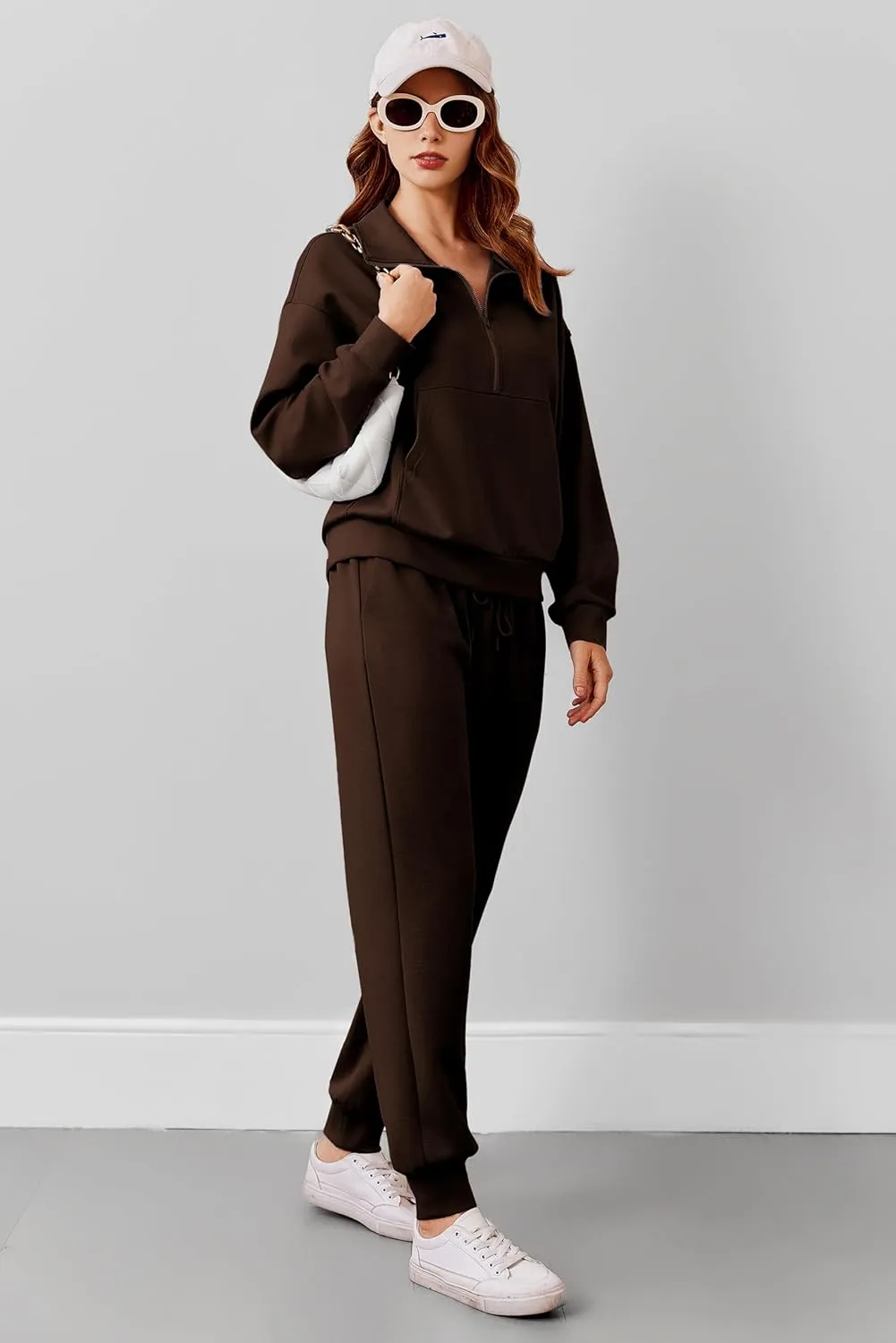 PINSPARK 2 Piece Sets for Women 2024 Fall Travel Outfits Long Sleeve Tracksuit Joggers Sets Half Zip Sweatsuit Matching Set