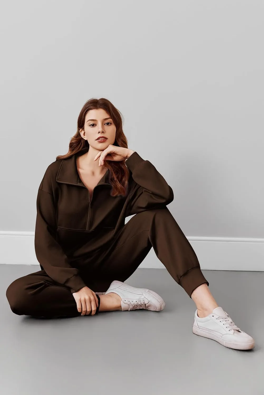 PINSPARK 2 Piece Sets for Women 2024 Fall Travel Outfits Long Sleeve Tracksuit Joggers Sets Half Zip Sweatsuit Matching Set