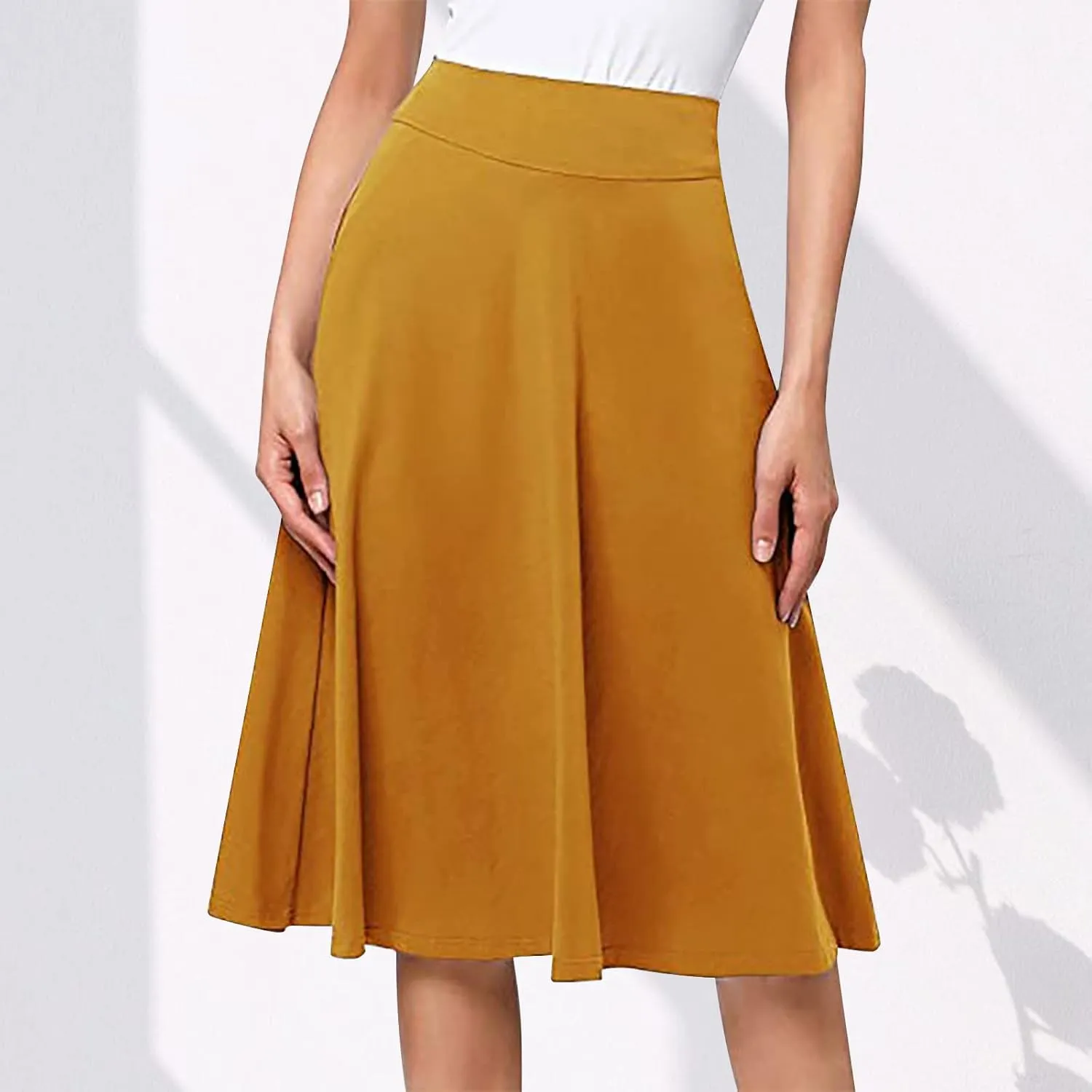 Pleated Midi Skirts for Women, 2024 Summer Fashion Long High Waisted Flare Casual Stretch Knit Knee Length Skirt