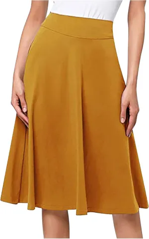 Pleated Midi Skirts for Women, 2024 Summer Fashion Long High Waisted Flare Casual Stretch Knit Knee Length Skirt