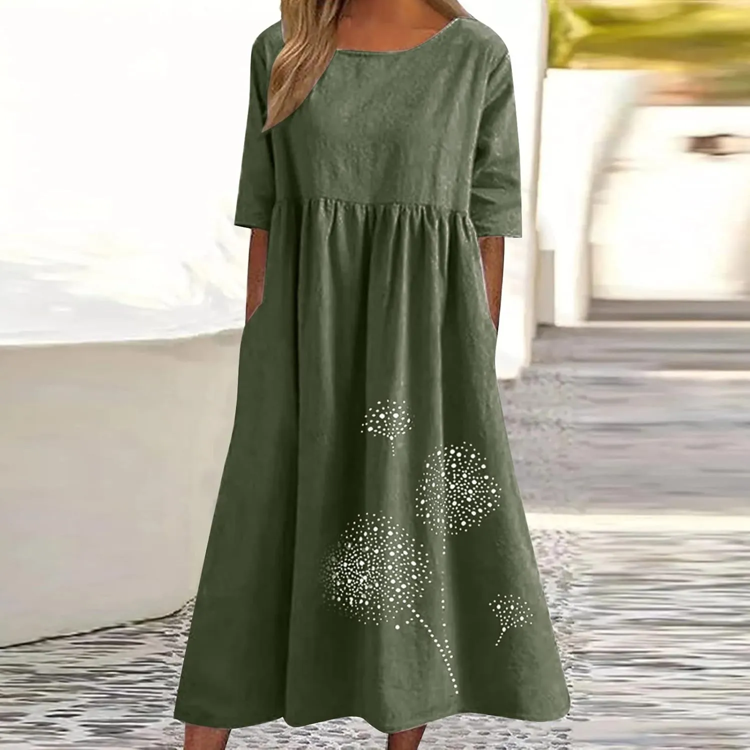 Plus Size Cotton Linen Dresses for Women Casual Summer Short Sleeve Crewneck Shirt Dress Loose Flowy Long Dress
