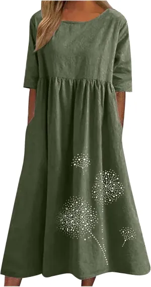 Plus Size Cotton Linen Dresses for Women Casual Summer Short Sleeve Crewneck Shirt Dress Loose Flowy Long Dress