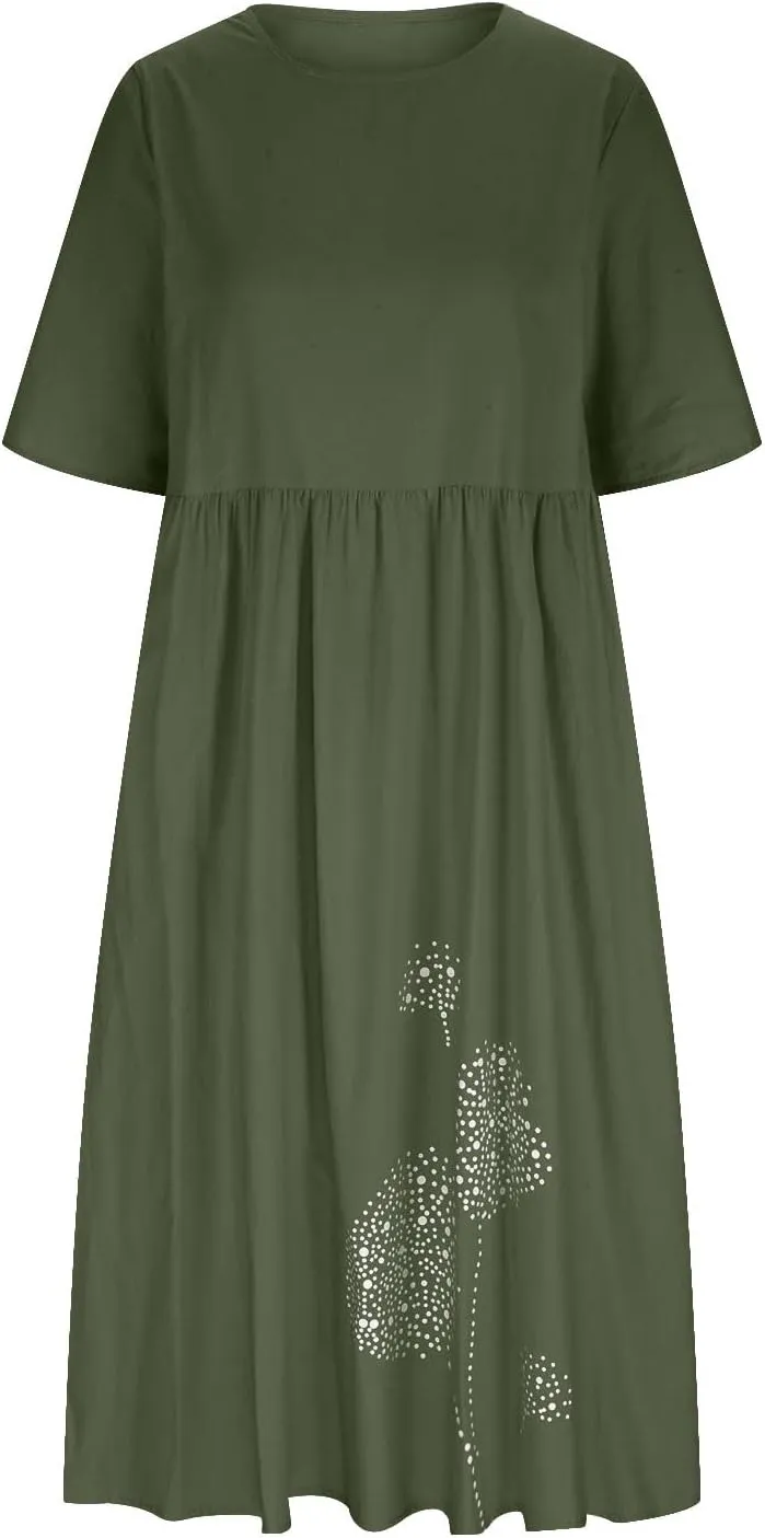 Plus Size Cotton Linen Dresses for Women Casual Summer Short Sleeve Crewneck Shirt Dress Loose Flowy Long Dress