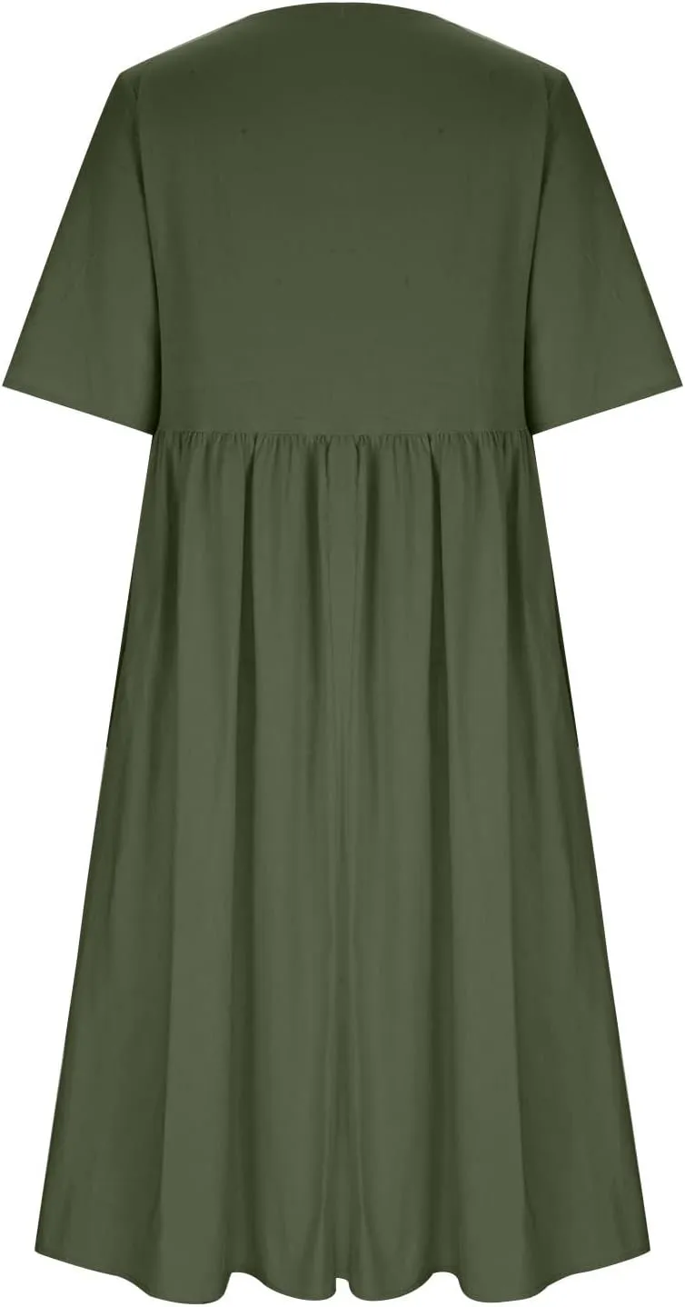 Plus Size Cotton Linen Dresses for Women Casual Summer Short Sleeve Crewneck Shirt Dress Loose Flowy Long Dress
