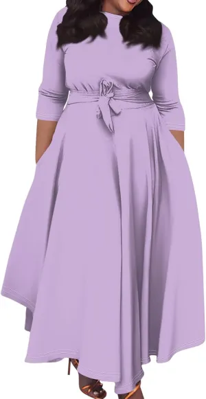 Plus Size Dresses for Curvy Women Solid Crew Neck 3/4 Sleeve Straps Big Hem Maxi Smocked Dresses