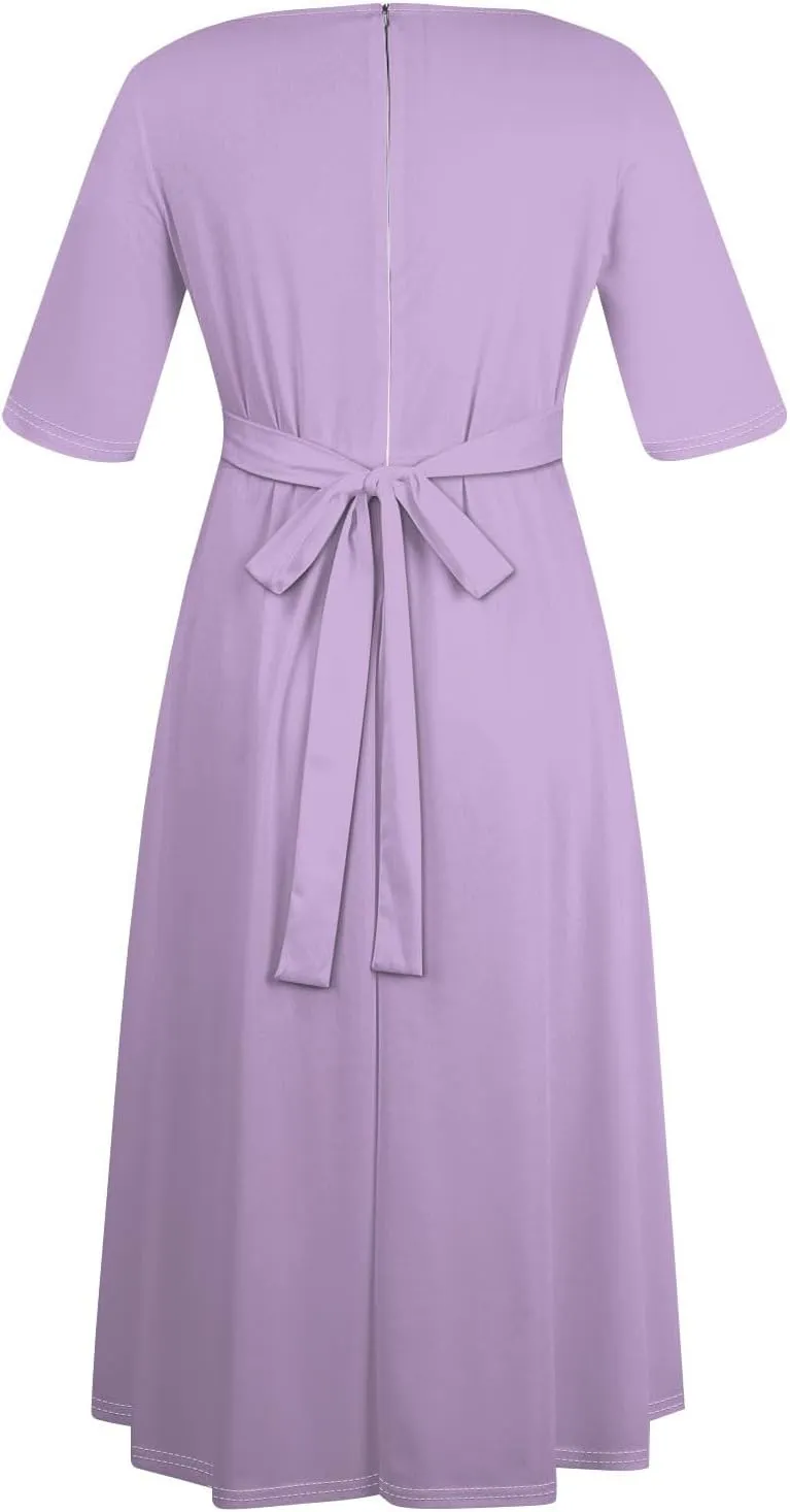 Plus Size Dresses for Curvy Women Solid Crew Neck 3/4 Sleeve Straps Big Hem Maxi Smocked Dresses