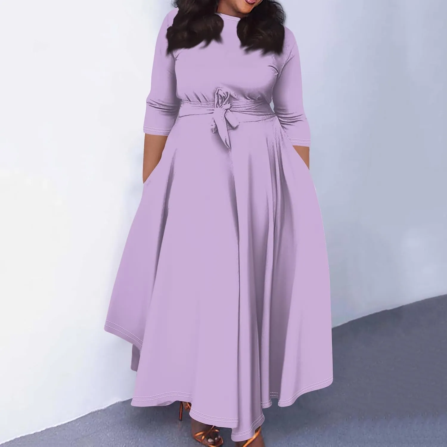 Plus Size Dresses for Curvy Women Solid Crew Neck 3/4 Sleeve Straps Big Hem Maxi Smocked Dresses
