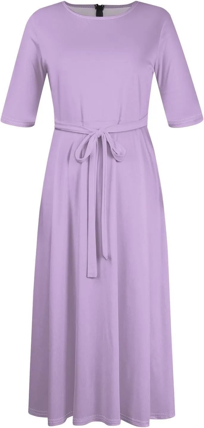 Plus Size Dresses for Curvy Women Solid Crew Neck 3/4 Sleeve Straps Big Hem Maxi Smocked Dresses