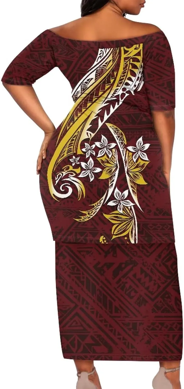 Polynesian Dress for Women Samoan Dress Short Sleeve Crewneck Plus Size Two Piece Set Outfit