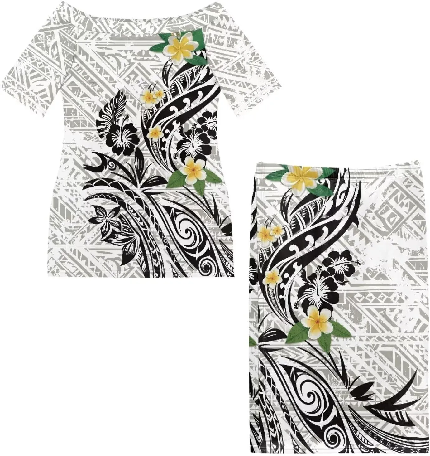 Polynesian Dress for Women Samoan Dress Short Sleeve Crewneck Plus Size Two Piece Set Outfit