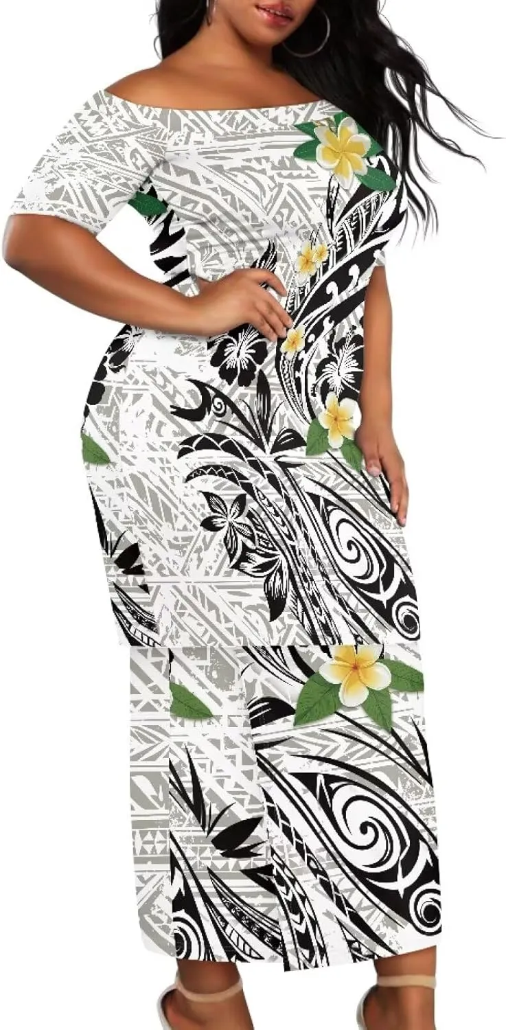 Polynesian Dress for Women Samoan Dress Short Sleeve Crewneck Plus Size Two Piece Set Outfit