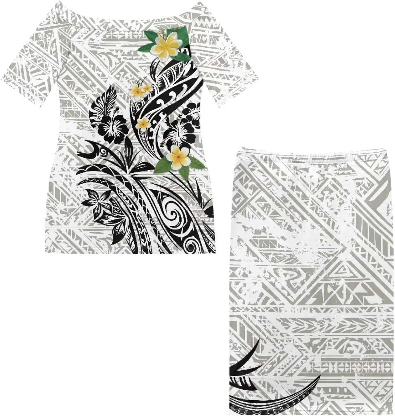 Polynesian Dress for Women Samoan Dress Short Sleeve Crewneck Plus Size Two Piece Set Outfit