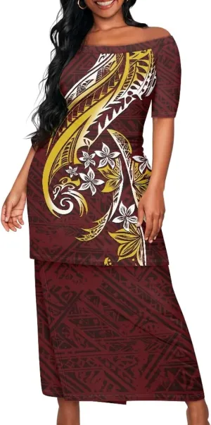 Polynesian Dress for Women Samoan Dress Short Sleeve Crewneck Plus Size Two Piece Set Outfit