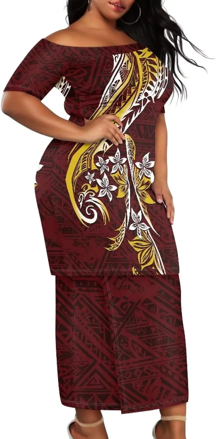 Polynesian Dress for Women Samoan Dress Short Sleeve Crewneck Plus Size Two Piece Set Outfit