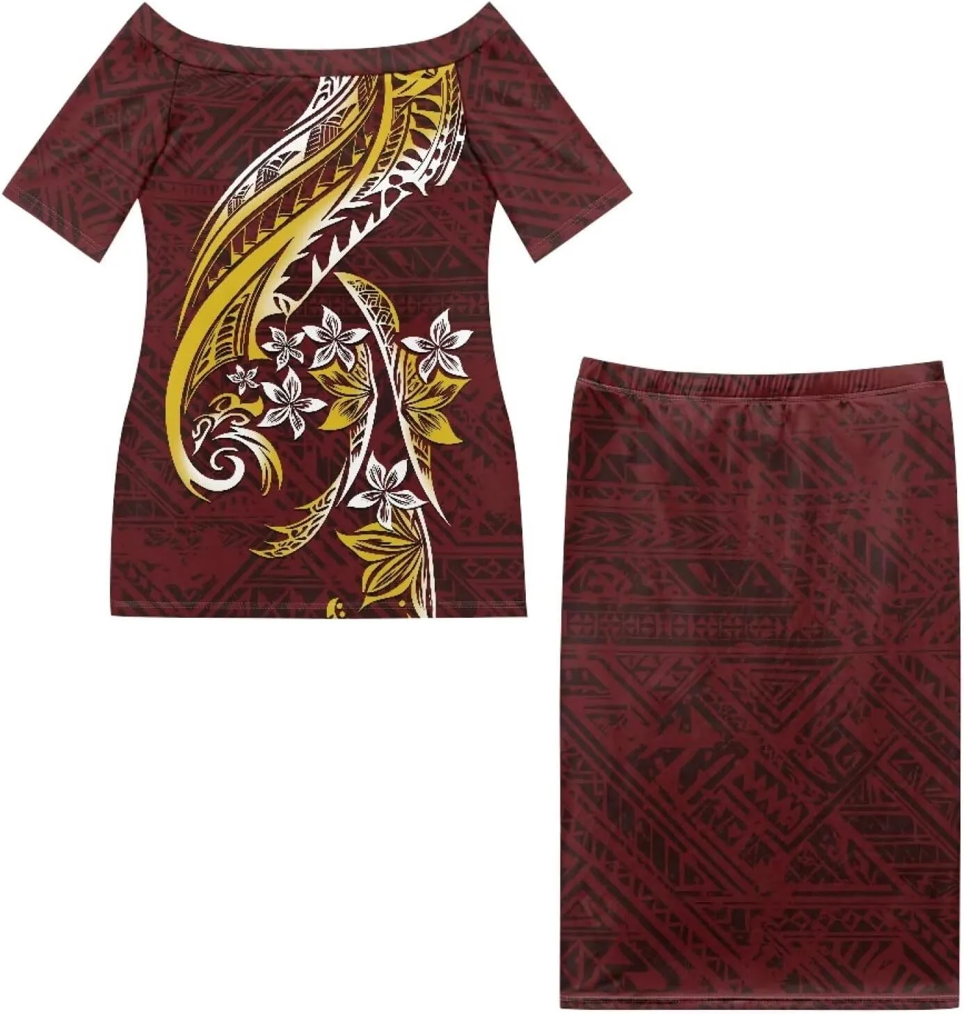 Polynesian Dress for Women Samoan Dress Short Sleeve Crewneck Plus Size Two Piece Set Outfit