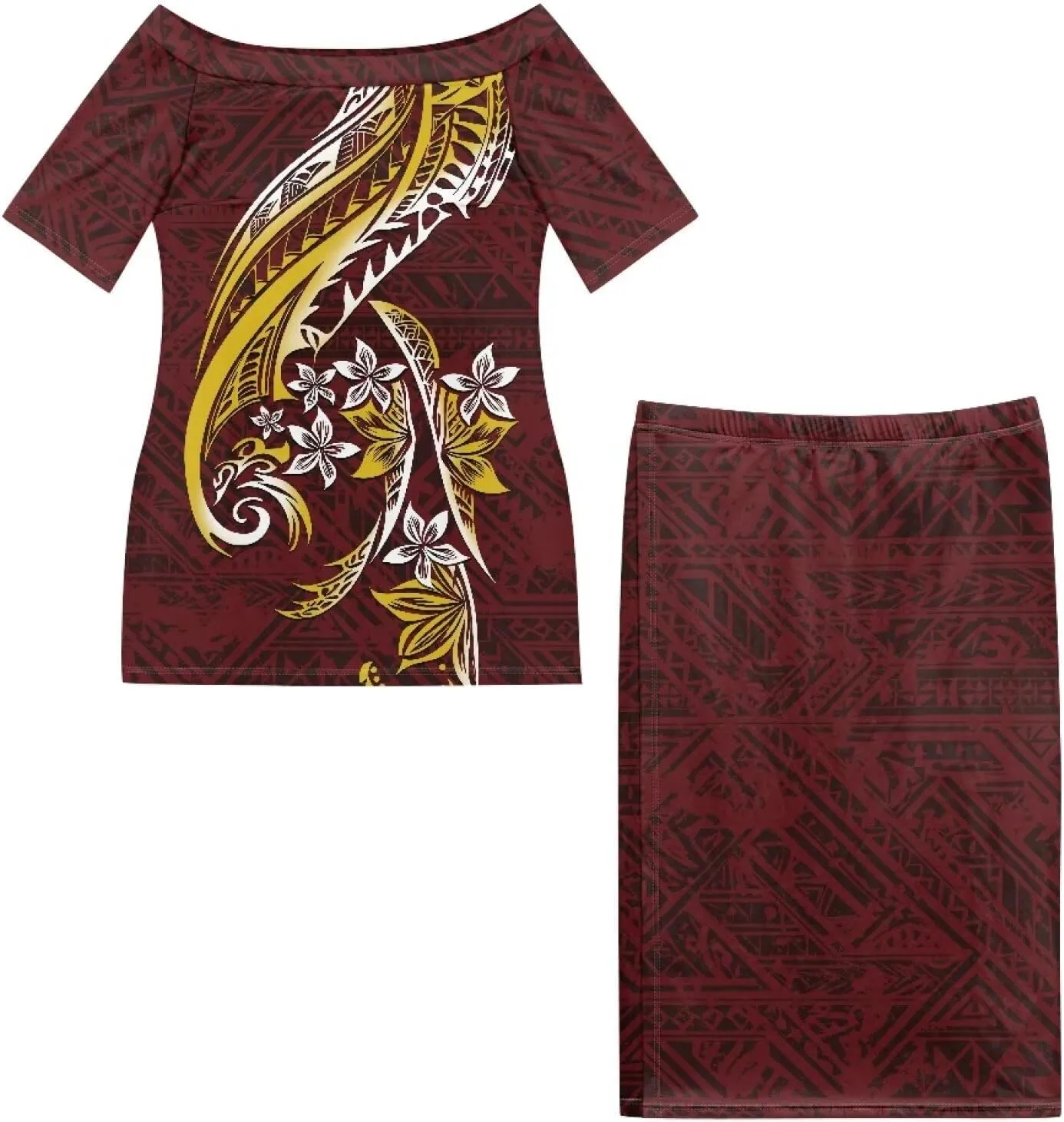 Polynesian Dress for Women Samoan Dress Short Sleeve Crewneck Plus Size Two Piece Set Outfit