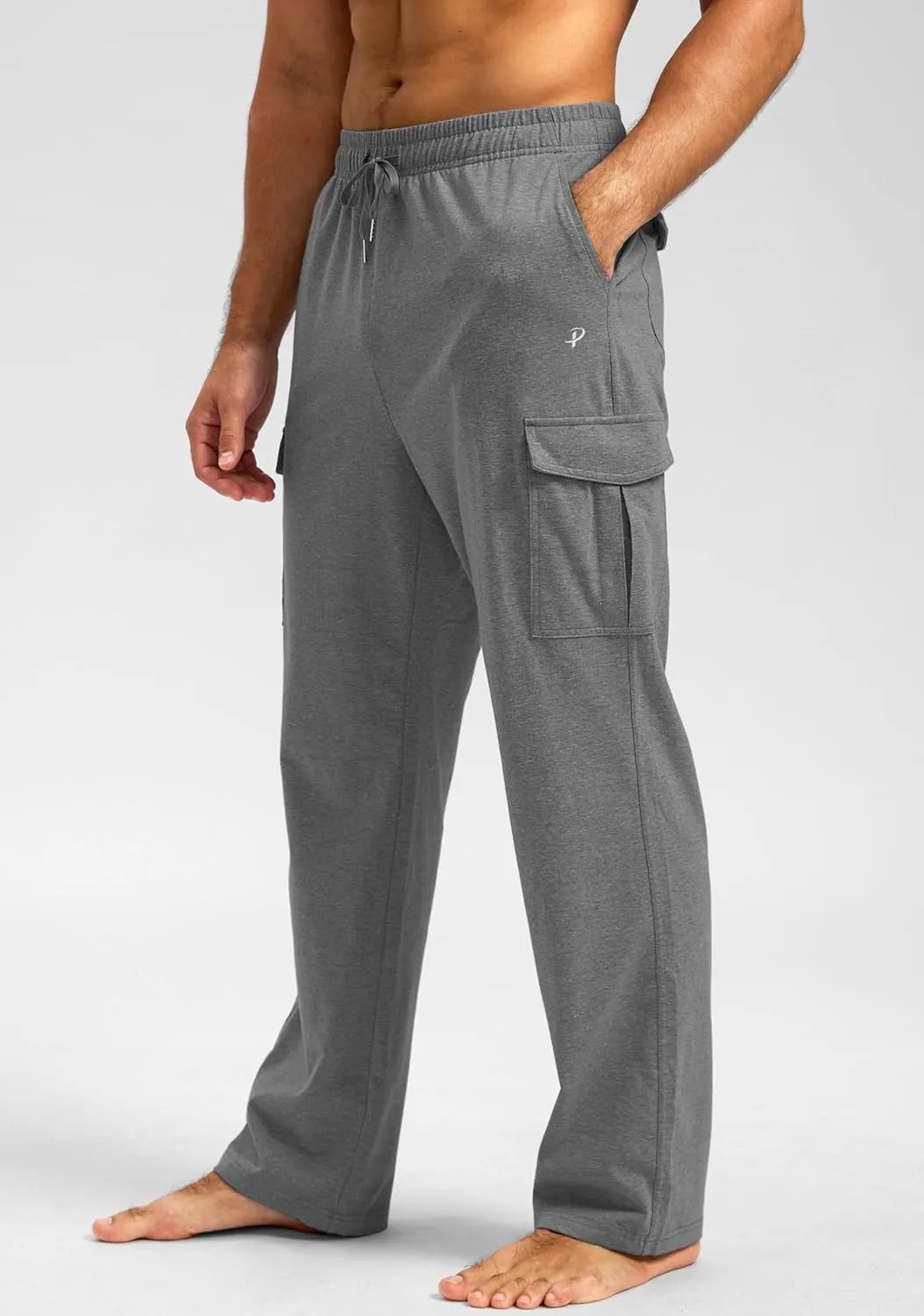 Pudolla Men's Cotton Sweatpants with Cargo Pockets Open Bottom Yoga Pants for Men Lounge Pants for Athletic Workout Casual