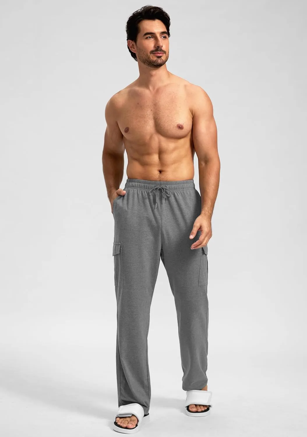 Pudolla Men's Cotton Sweatpants with Cargo Pockets Open Bottom Yoga Pants for Men Lounge Pants for Athletic Workout Casual