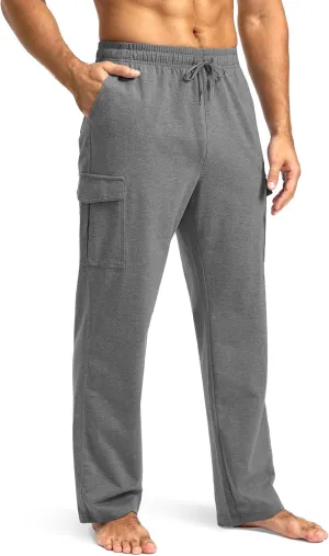 Pudolla Men's Cotton Sweatpants with Cargo Pockets Open Bottom Yoga Pants for Men Lounge Pants for Athletic Workout Casual