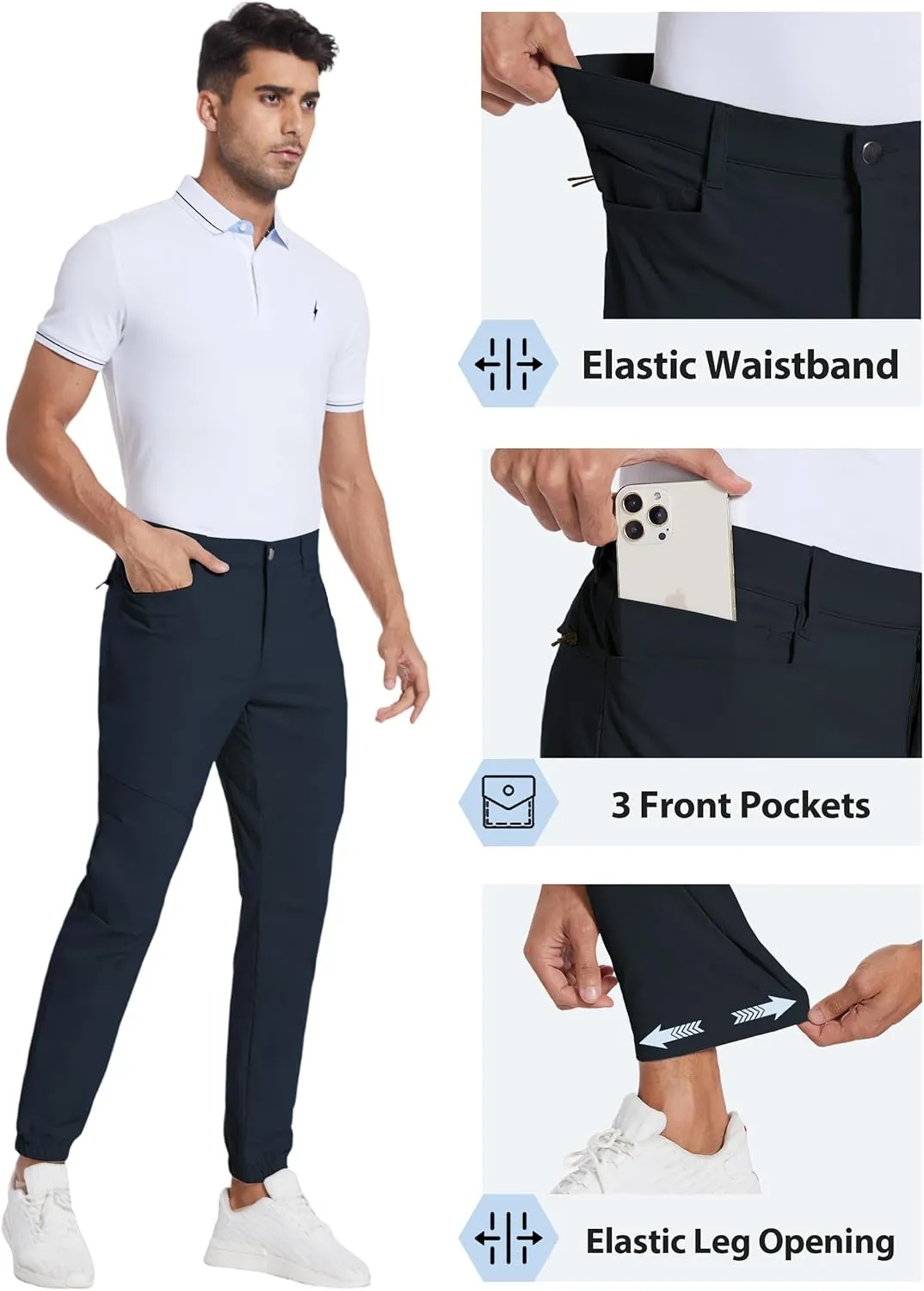 PULI Men's Stretch Golf Joggers Pants with 4 Pockets Waterproof Slim Fit Hiking Casual Travel Work Pants for Men