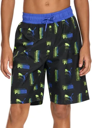 PUMA Boys Sizes 8-20 Amplified All Over Print Logo Swim Trunks (Black, Large)