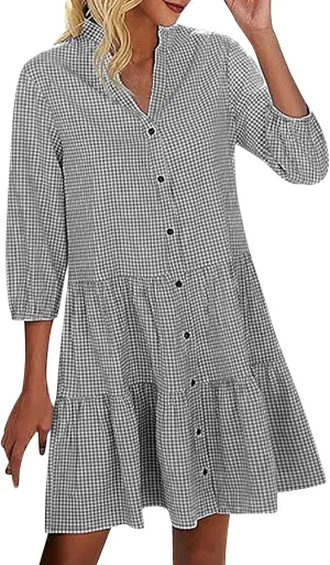 QIGUAND Women Button Down Gingham Shirt Dress 3/4 Sleeve V Neck Tiered Ruffle Tunic Dresses Summer Cute Plaid Mini Dress