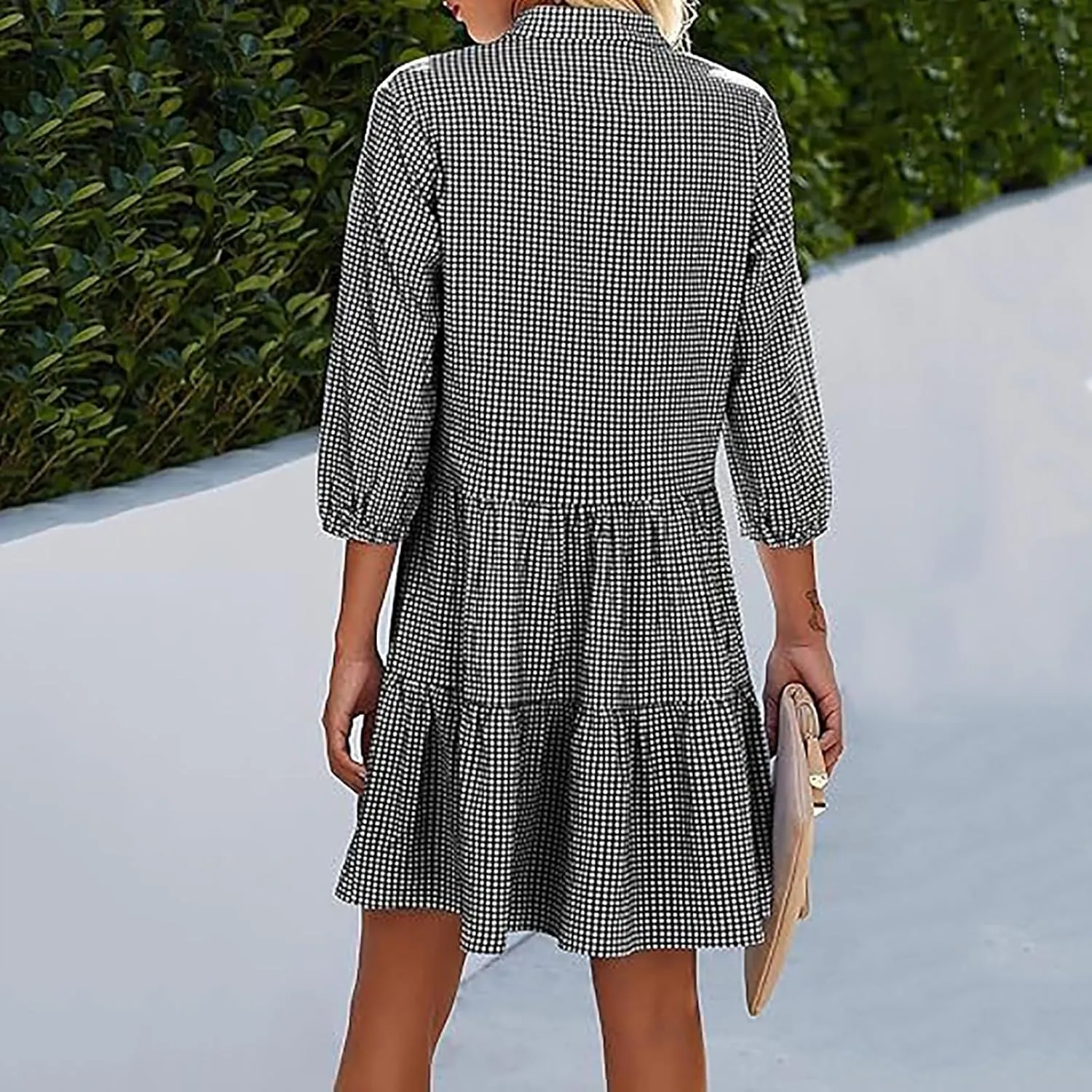QIGUAND Women Button Down Gingham Shirt Dress 3/4 Sleeve V Neck Tiered Ruffle Tunic Dresses Summer Cute Plaid Mini Dress
