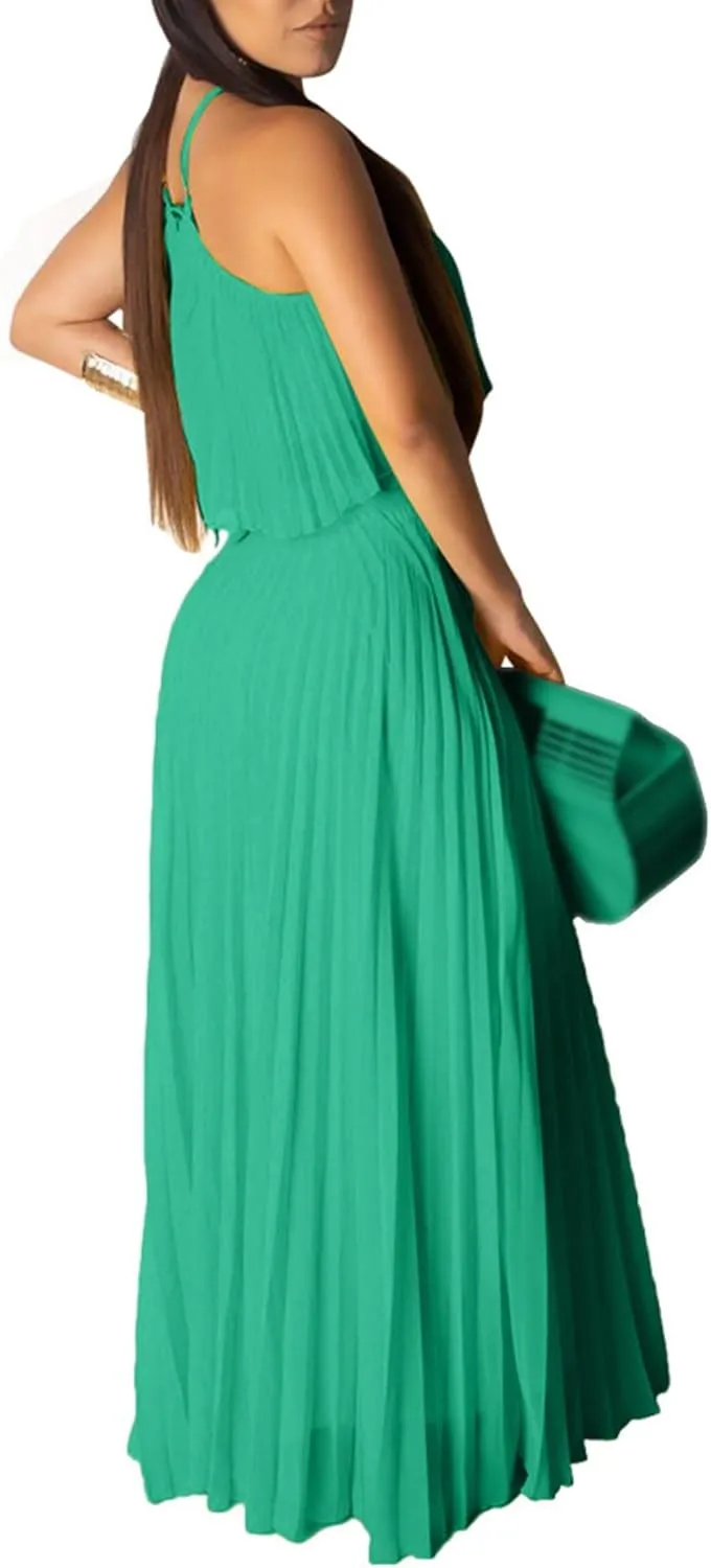 Raboolion Women's Halter Neck Sleevless Chiffon Maxi Dress Ruffle Crop Top and Flowy Pleated Skirts Sets Party Beach Sundress