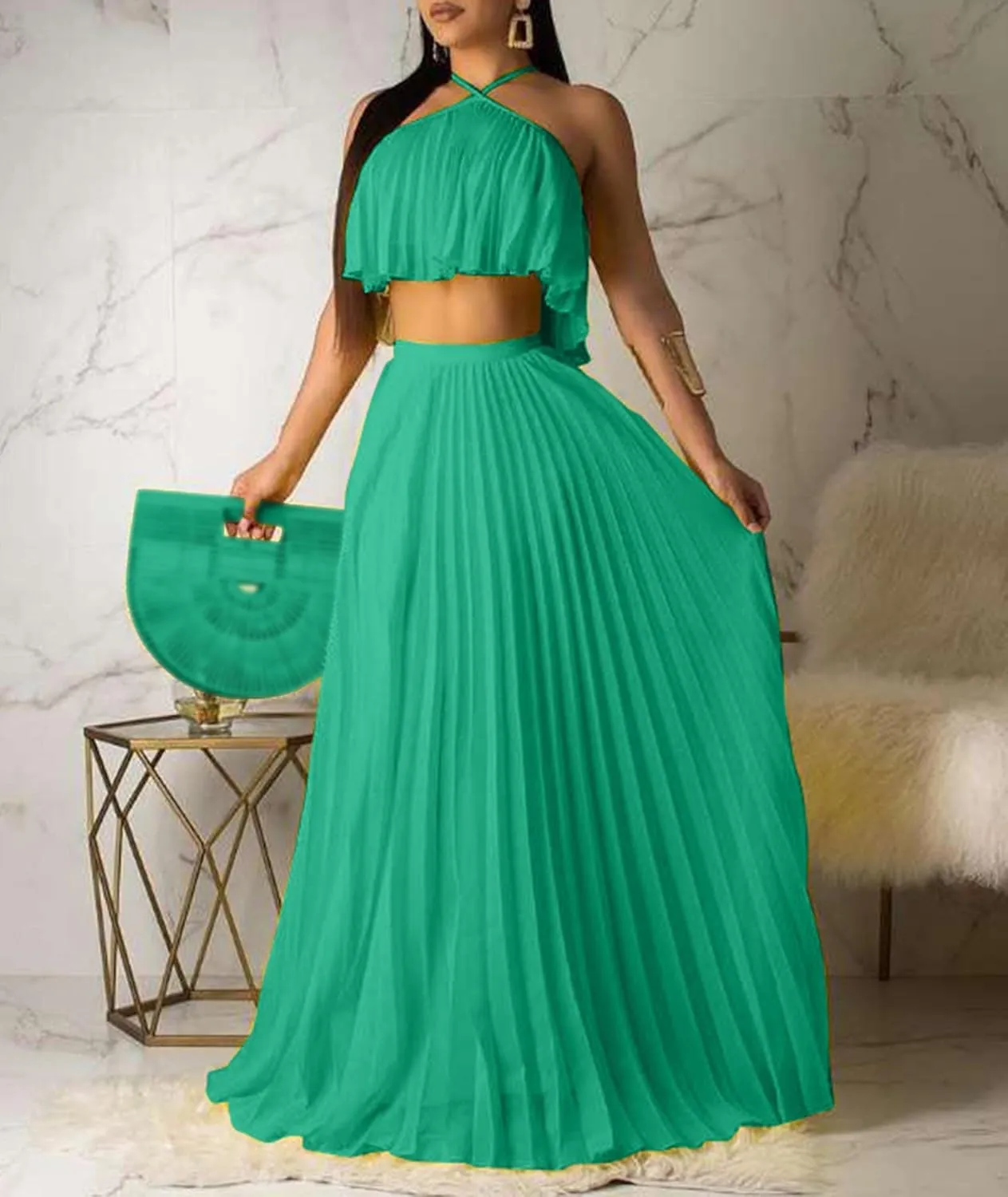 Raboolion Women's Halter Neck Sleevless Chiffon Maxi Dress Ruffle Crop Top and Flowy Pleated Skirts Sets Party Beach Sundress
