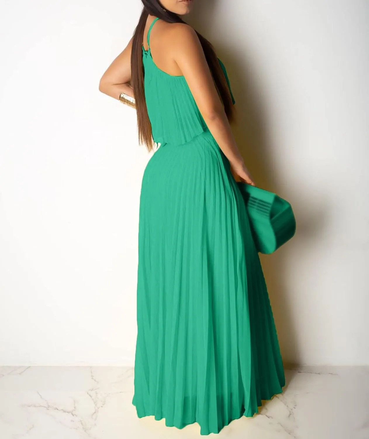 Raboolion Women's Halter Neck Sleevless Chiffon Maxi Dress Ruffle Crop Top and Flowy Pleated Skirts Sets Party Beach Sundress