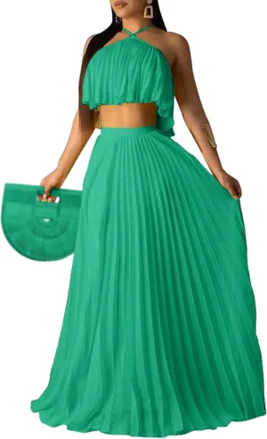 Raboolion Women's Halter Neck Sleevless Chiffon Maxi Dress Ruffle Crop Top and Flowy Pleated Skirts Sets Party Beach Sundress