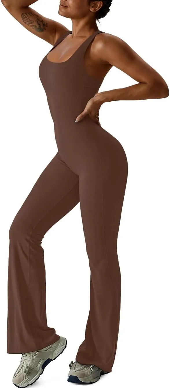 REORIA Women Trendy Summer Sexy Scoop Neck Sleeveless Backless Full Body Tummy Control Workout Bodycon Flare Jumpsuits