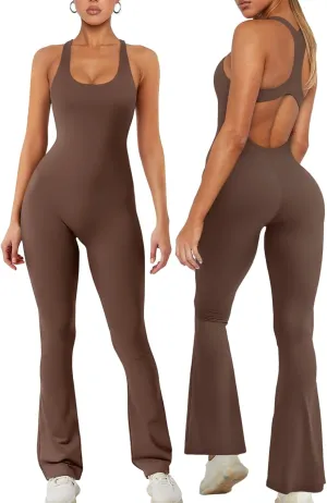 REORIA Women Trendy Summer Sexy Scoop Neck Sleeveless Backless Full Body Tummy Control Workout Bodycon Flare Jumpsuits