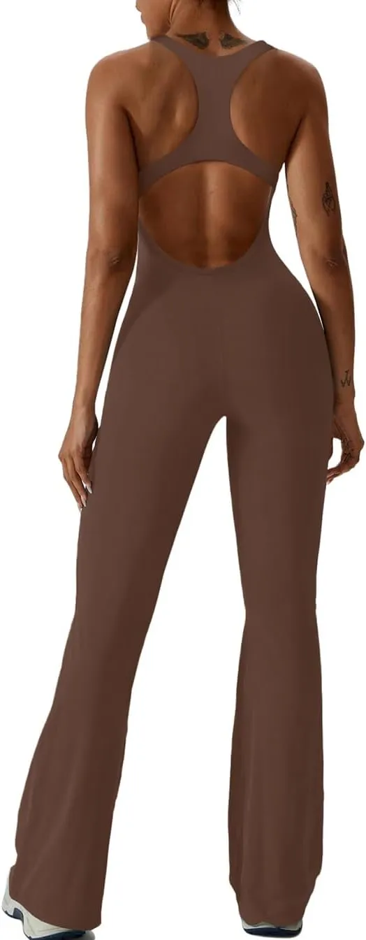 REORIA Women Trendy Summer Sexy Scoop Neck Sleeveless Backless Full Body Tummy Control Workout Bodycon Flare Jumpsuits