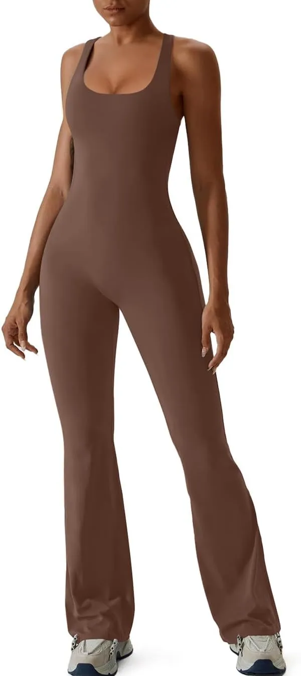 REORIA Women Trendy Summer Sexy Scoop Neck Sleeveless Backless Full Body Tummy Control Workout Bodycon Flare Jumpsuits