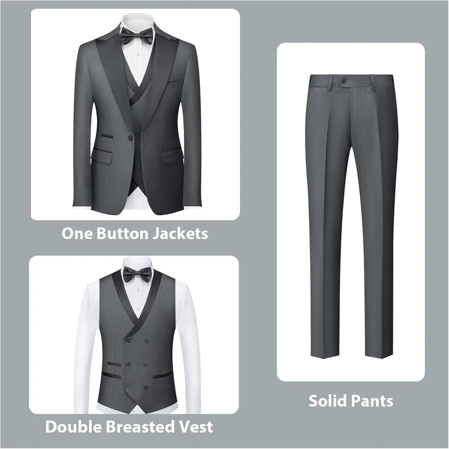 Rogers & Morris Tuxedo Suits for Men Solid 3 Piece Slim FitFormal Set Peak Lapels One Button Jacket Vest Pants