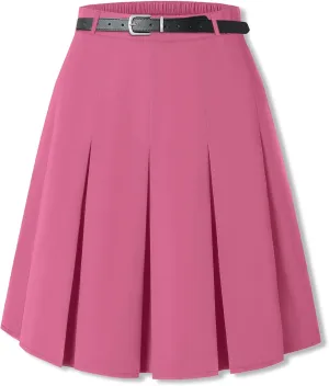 SANGTREE Women Knee Length Pleated Skirt, Women 2 Pockets A Line Skirt, Summer Uniform Short Midi Skirt with Belt Loops Dressy Casual, Mid Long Hot Pink, US S