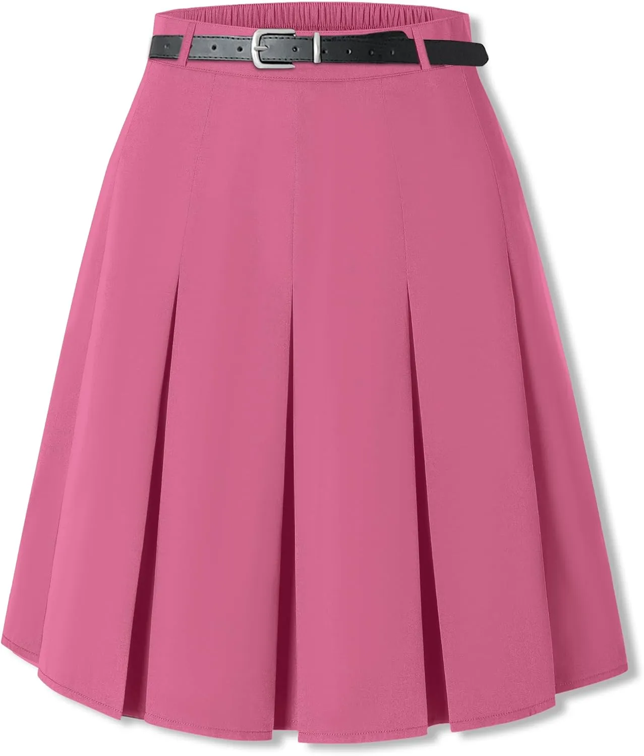 SANGTREE Women Knee Length Pleated Skirt, Women 2 Pockets A Line Skirt, Summer Uniform Short Midi Skirt with Belt Loops Dressy Casual, Mid Long Hot Pink, US S