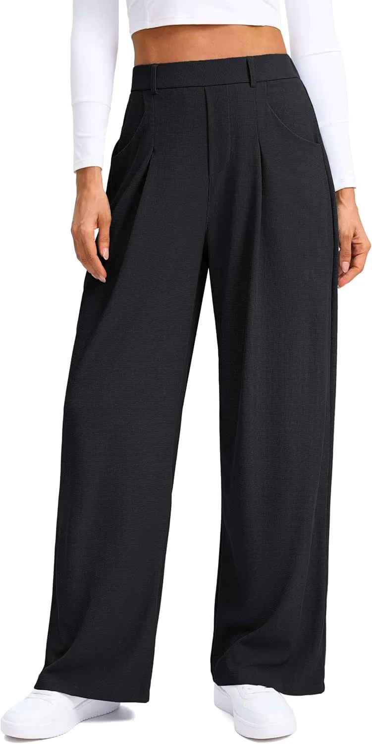 SANTINY Wide Leg Pants Woman Elastic High Waisted Waffle Knit Slacks Business Casual Work Pants Pleated Trousers with Pockets
