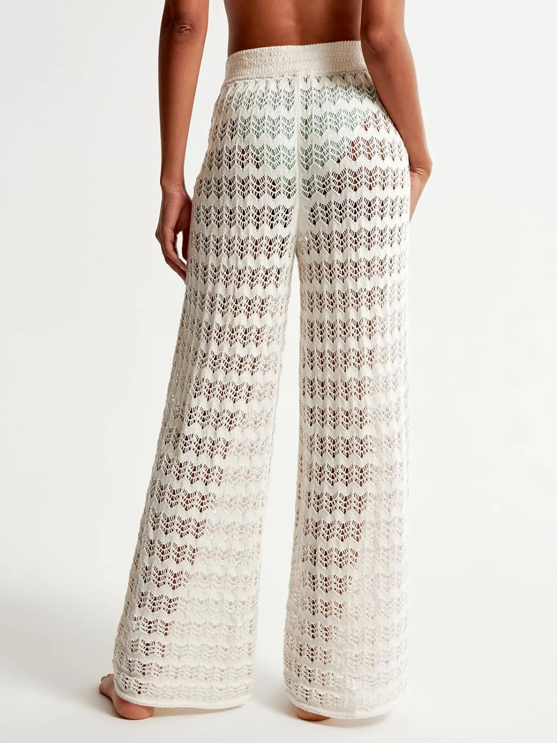 Saodimallsu Womens Crochet Cover Up Pants Sheer Mesh High Waist Sexy Casual Knit Summer Swimsuit Coverup Beach Pants