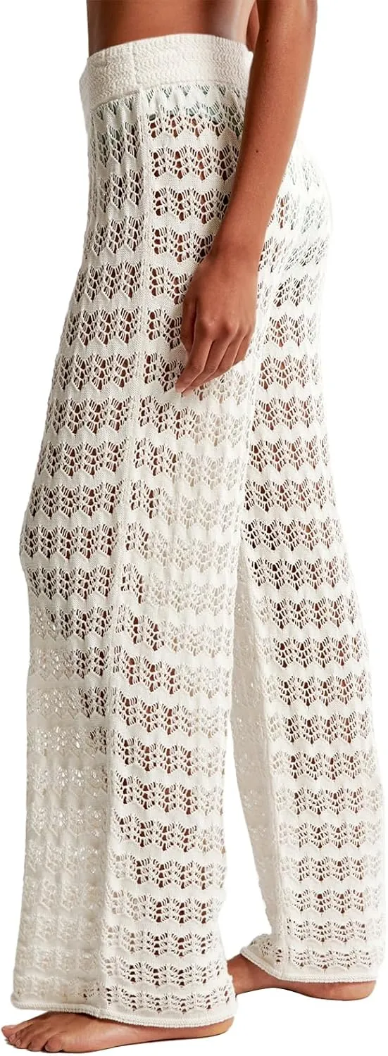 Saodimallsu Womens Crochet Cover Up Pants Sheer Mesh High Waist Sexy Casual Knit Summer Swimsuit Coverup Beach Pants