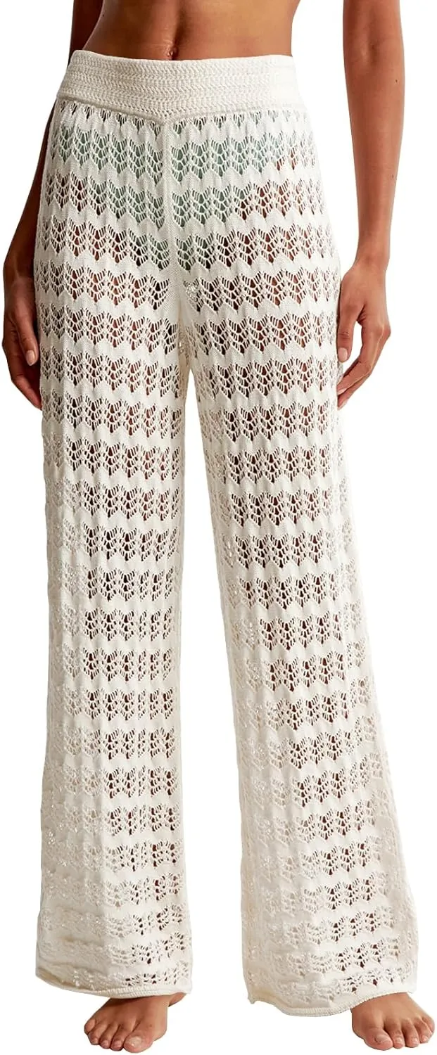 Saodimallsu Womens Crochet Cover Up Pants Sheer Mesh High Waist Sexy Casual Knit Summer Swimsuit Coverup Beach Pants