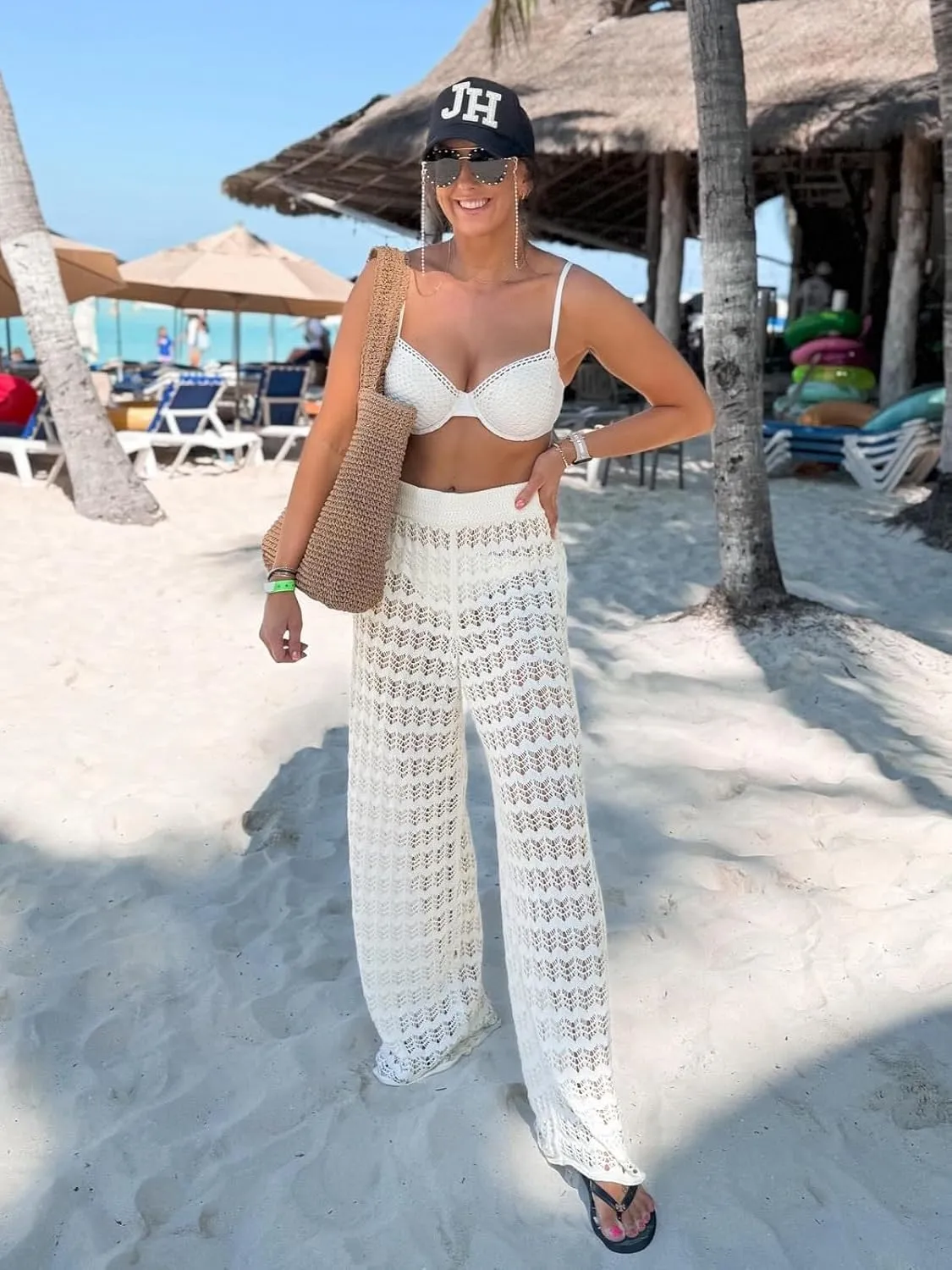 Saodimallsu Womens Crochet Cover Up Pants Sheer Mesh High Waist Sexy Casual Knit Summer Swimsuit Coverup Beach Pants