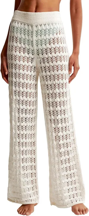 Saodimallsu Womens Crochet Cover Up Pants Sheer Mesh High Waist Sexy Casual Knit Summer Swimsuit Coverup Beach Pants