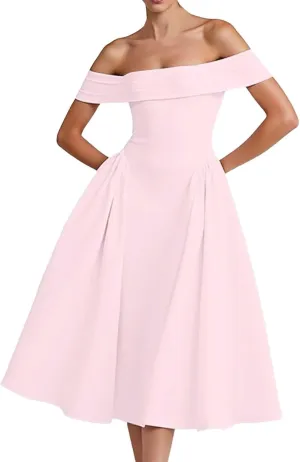 Satin Off The Shoulder Formal Midi Dress for Women A Line Ruched Tea Length Prom Party Womens Midi Casual Dresses