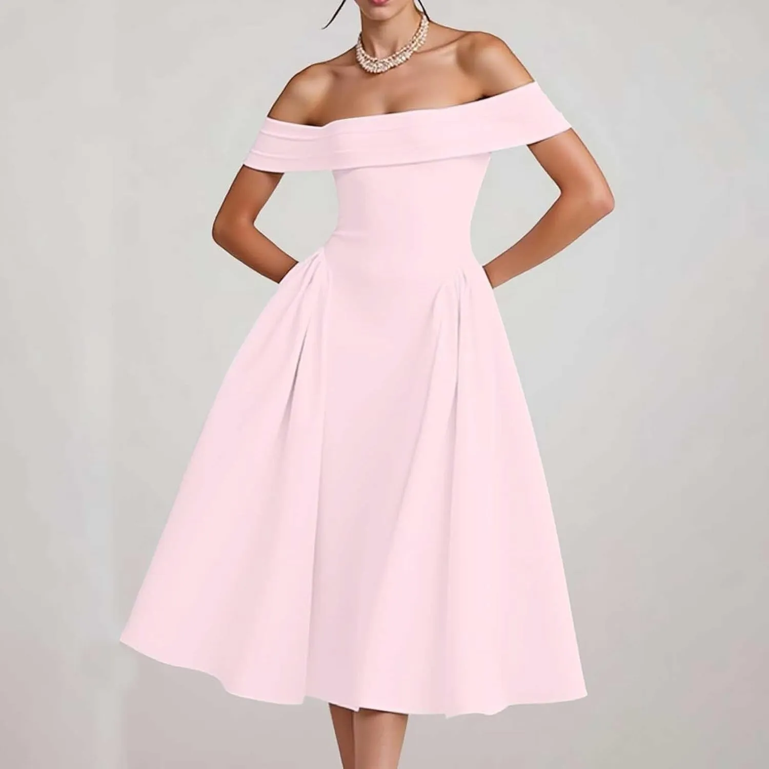 Satin Off The Shoulder Formal Midi Dress for Women A Line Ruched Tea Length Prom Party Womens Midi Casual Dresses