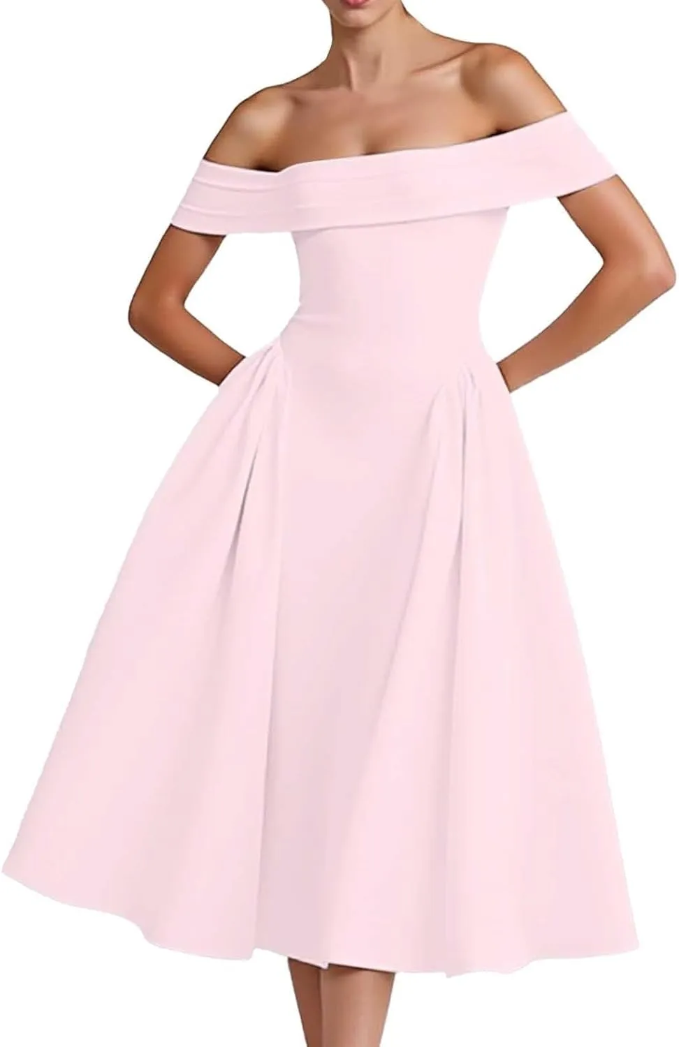 Satin Off The Shoulder Formal Midi Dress for Women A Line Ruched Tea Length Prom Party Womens Midi Casual Dresses
