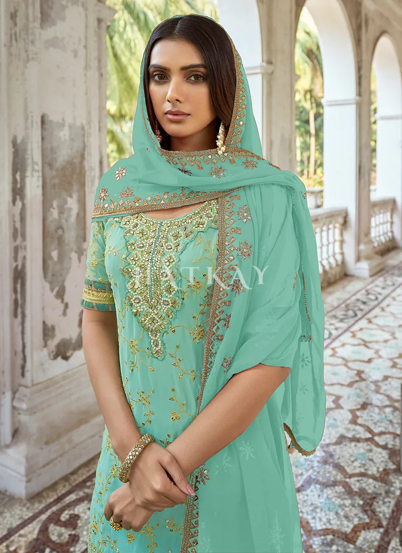 Sea Green Embroidery Traditional Georgette Palazzo Suit