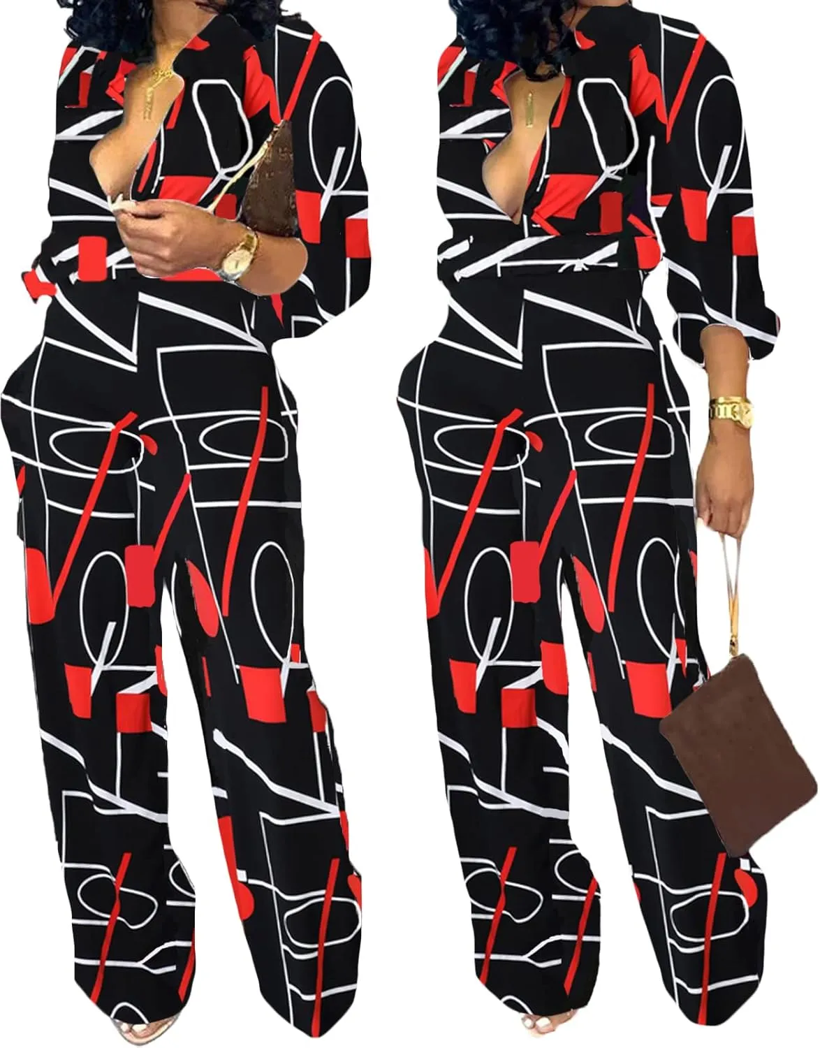 SeNight Women's Jumpsuits Elegant Business Casual Button Down V Neck Long Sleeve Strap Straight Long Pants With Pockets